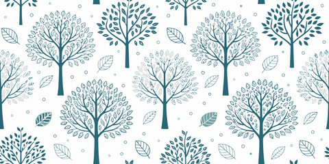 Vector seamless pattern featuring stylized trees and leaves in a whimsical forest design theme, nature art