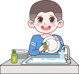 Cartoon Boy Washing Dishes in The Sink 
