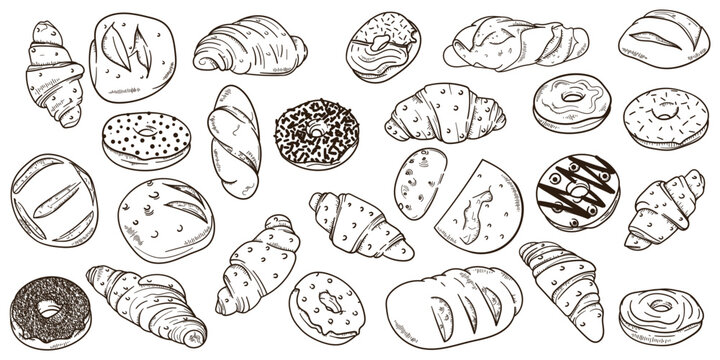 Set collection of bread in line art hand drawn design for bread shop or bakery advertising template