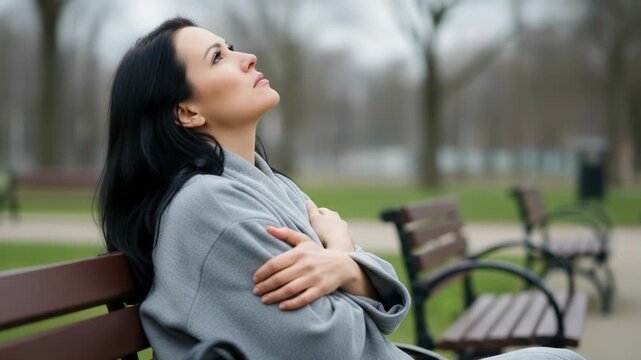 Woman sitting on a park bench looking up thoughtfully