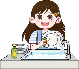 Cartoon Girl Washing Dishes in The Sink Illustration 