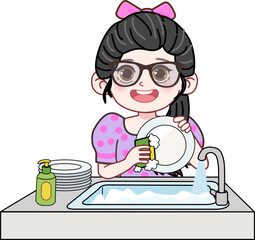 Cartoon Girl with Glasses Washing Dishes in The Sink 