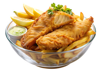 Crispy Beer-Battered Fish and Chips on a plate in a bowl over a white background and Transparent Background