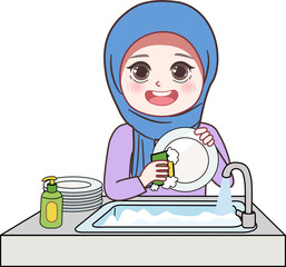 Cartoon Hijab Girl Washing Dishes in The Sink 