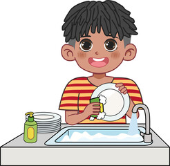 Cartoon Boy Washing Dishes in The Sink Illustration 