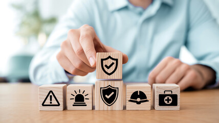 Close-up of wooden cubes with safety and security icons on light oak surface, hand placing shield block, minimal clean design, professional workplace protection concept.