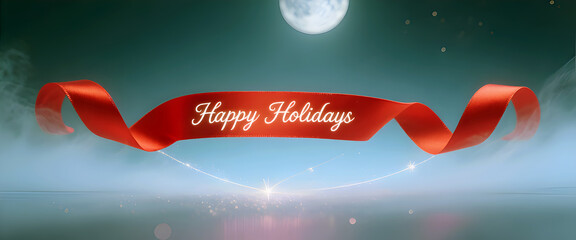 Holiday greeting card with elegant red ribbon floating gracefully against soft blue background and full moon above wishing Happy Holidays to all