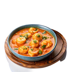 On a blue plate and in a wooden bowl over a white and transparent background Creamy Coconut Shrimp Curry, with a small side of tomato sauce transparent background