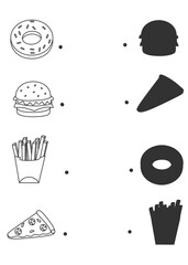 Food shadow matching worksheet for preschool. Match each food item to its shadow. Improves observation and logic