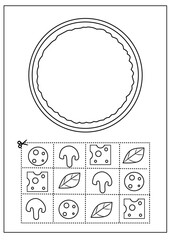 Cut and paste pizza craft for preschool. Kids color and glue toppings to create their own pizza. Fun food activity.
