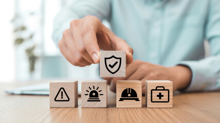 Close-up of wooden cubes with safety and security icons on light oak surface, hand placing shield block, minimal clean design, professional workplace protection concept.