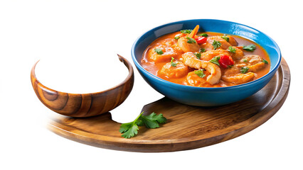 On a blue plate and in a wooden bowl over a white and transparent background Creamy Coconut Shrimp Curry, with a small side of tomato sauce transparent background