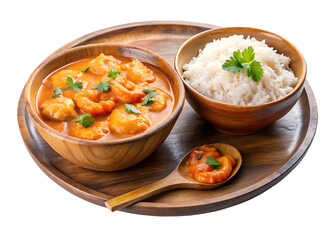 On a blue plate and in a wooden bowl over a white and transparent background Creamy Coconut Shrimp Curry, with a small side of tomato sauce transparent background