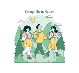 Fototapeta premium Group Hiking Adventure in Nature Vector Illustration