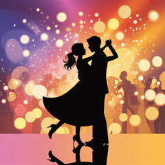 Romantic silhouette of a dancing couple under dreamy golden bokeh lights, elegant flowing dress, soft glow reflection, warm purple orange tones, magical evening ambiance.