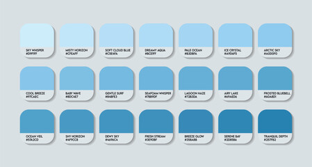 Peo Light Blue Color Guide Palette with Color Names. Catalog Samples Peo Light Blue with RGB HEX codes and Names. Light Blue Colors shades Vector, Original Peo Blues Color Palette, Fashion Trend blues