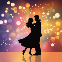 Romantic silhouette of a dancing couple under dreamy golden bokeh lights, elegant flowing dress, soft glow reflection, warm purple orange tones, magical evening ambiance.