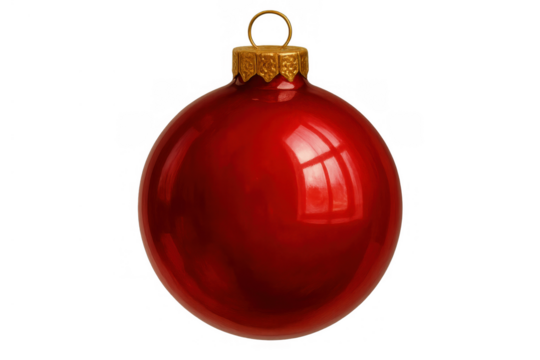 Red christmas ornament bauble reflecting light, hanging winter holiday season decoration on transparent background