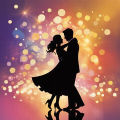 Romantic silhouette of a dancing couple under dreamy golden bokeh lights, elegant flowing dress, soft glow reflection, warm purple orange tones, magical evening ambiance.