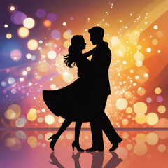 Romantic silhouette of a dancing couple under dreamy golden bokeh lights, elegant flowing dress, soft glow reflection, warm purple orange tones, magical evening ambiance.