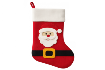 Red christmas stocking with santa claus face and belt showing holiday cheer on transparent background