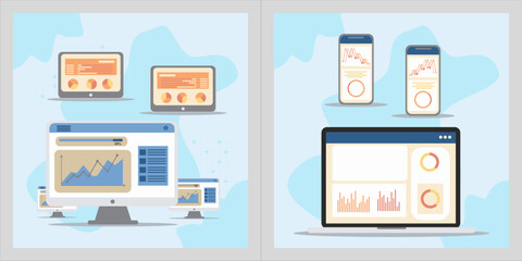 Flat vector illustration showing a modern business data analytics dashboard displayed on multiple digital devices - desktop monitor, laptop, tablet, and smartphone.