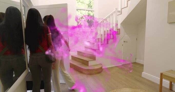 Guest arriving door hugging friend unleashing purple energy swirling expanding in tech demo