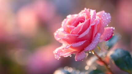 Fototapeta premium Romantic pink rose glistening with dewdrops in the soft morning sunlight
