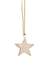 Christmas decoration glossy golden star isolated on white background, minimal new year design object. Gold Metallic star bauble shiny, glitter. Stylish holiday decor, winter seasonal design