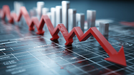 Painel digital com seta para baixo ilustra queda acentuada, crise e retração financeira importante em curto prazo