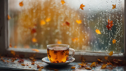 Cozy cup of tea on a rustic windowsill during a rainy autumn day with falling leaves.