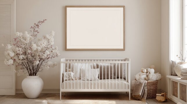 Crib with empty frame above and floral arrangement