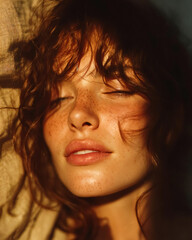 Close-up portrait of beautiful woman with freckles in warm natural light