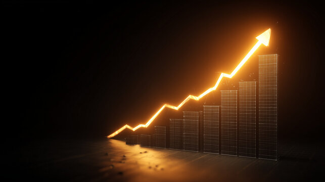 Gr&aacute;fico de crescimento ascendente representando evolu&ccedil;&atilde;o financeira, resultados positivos, aumento de desempenho e perspectiva de sucesso em neg&oacute;cios e investimentos.