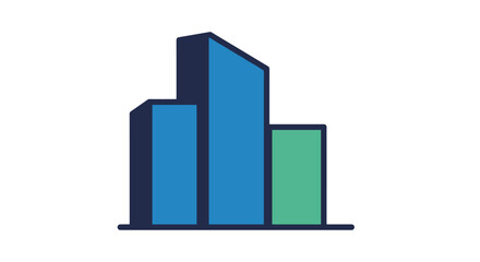 Minimalist cityscape symbol with blue and green geometric buildings