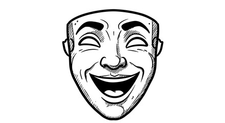 Happy comic mask with laughing expression in black and white line art