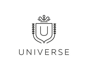 Elegant monogram letter U logotype. Premium crest logo design. Shield, royal crown symbol. Print, t-shirt design shape