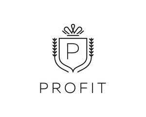 Elegant monogram letter P logotype. Premium crest logo design. Shield, royal crown symbol. Print, t-shirt design shape