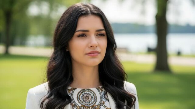 Young woman in a white blazer and patterned top outdoors