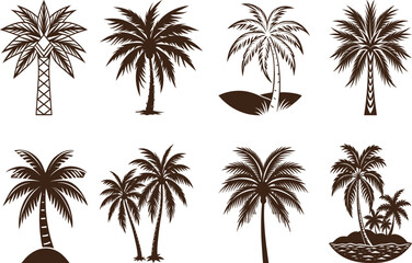 A set of vector palm trees silhouettes creates a tropical island beach sunset landscape illustration perfect for summer vacation design