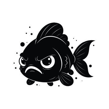Grumpy black fish with big eyes and angry expression surrounded by colorful bubbles