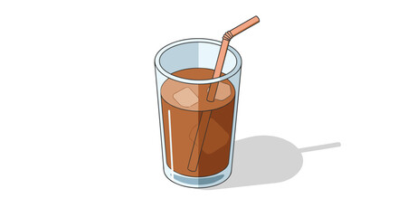 Refreshing chocolate drink in a glass with ice and straw on a white background