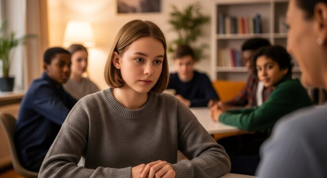 Young woman with diverse teens focus on group discussion in support meeting. Autism awareness and mental health support for youth. - Powered by Adobe