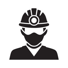 Black Glyph Icon of Worker Wearing Hard Hat, Mask, and Goggles