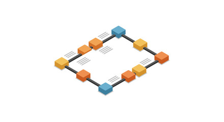 Colorful isometric network of connected cubes on a white background