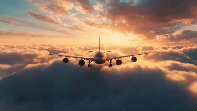 Plane flying through clouds at sunset over the horizon with vibrant colors in the sky