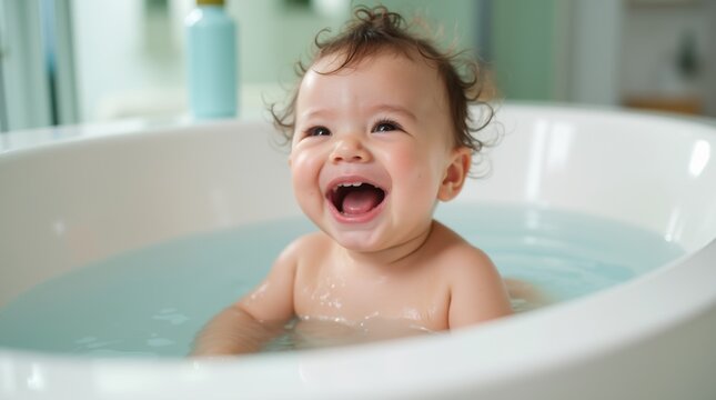a baby happy bath time, a child laughing in bath tub