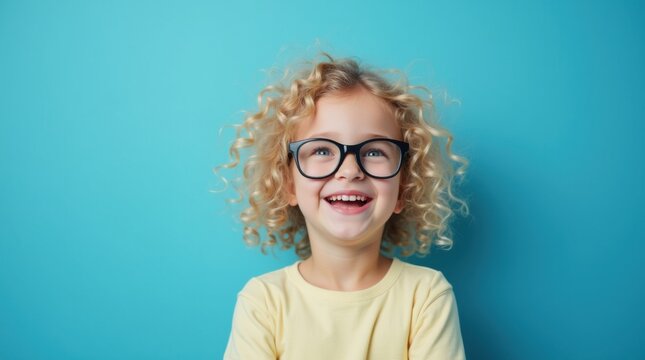 Happy little curly blond girl with big eyeglasses. Isolated on solid blue background  
