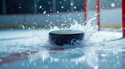 Shot hockey puck speeding down the ice into the goal and splashing water and ice particles flying through the air. Banner with copy space. Hockey world cup theme. 
