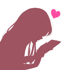 うつ伏せでスマホを触る女性　ハート　シルエット